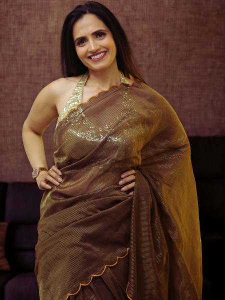 Dipti - Brown Cut Work Pure Mul Saree with Zari Stripes