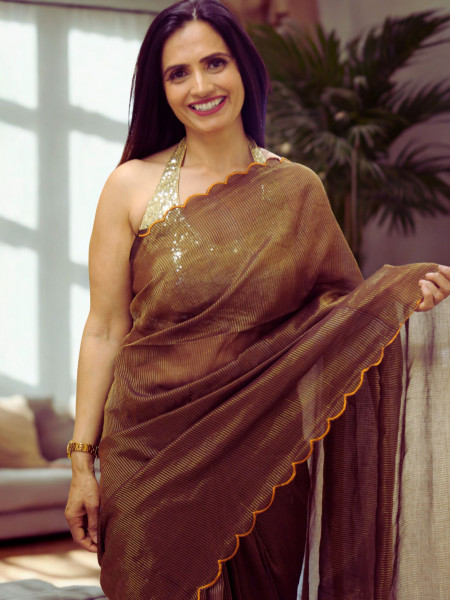 Dipti - Brown Cut Work Pure Mul Saree with Zari Stripes