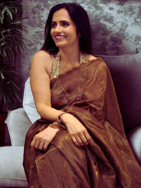 Dipti - Brown Cut Work Pure Mul Saree with Zari Stripes