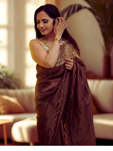 Dipti - Brown Cut Work Pure Mul Saree with Zari Stripes
