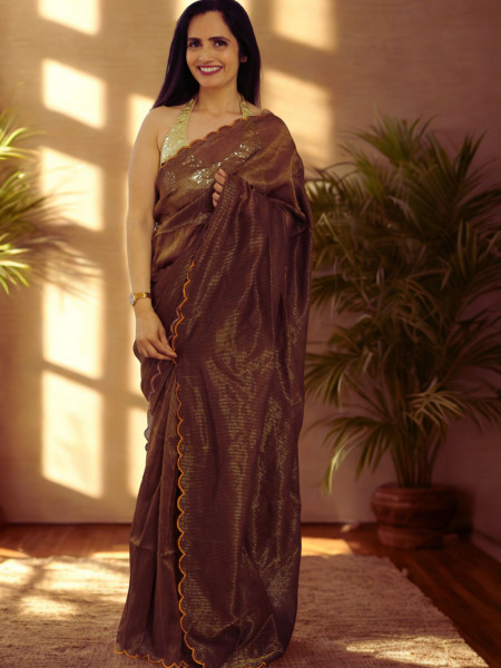 Dipti - Brown Cut Work Pure Mul Saree with Zari Stripes
