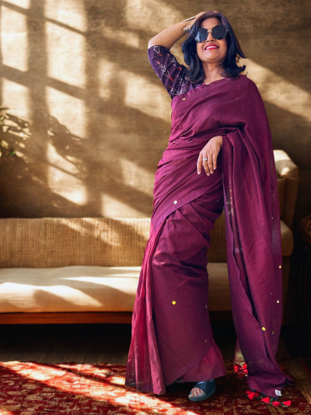 kala Khatta - Big Sitara Work Plain Maroon Saree