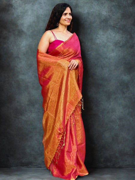 Aamodini : Red Linen Tissue Saree with Blouse Piece