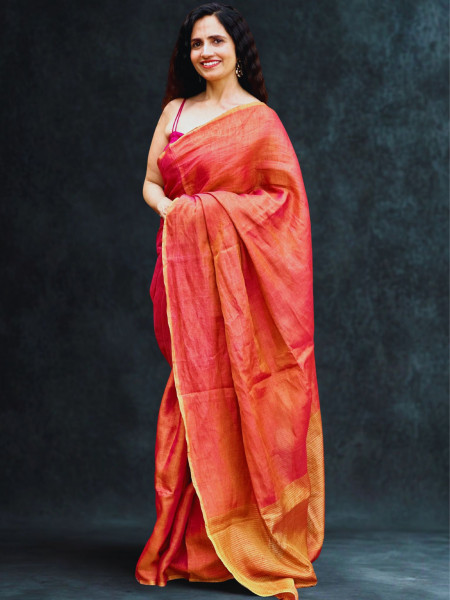 Aamodini : Red Linen Tissue Saree with Blouse Piece