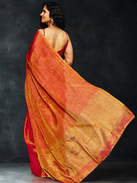 Image of Aamodini : Red Linen Tissue Saree with Blouse Piece