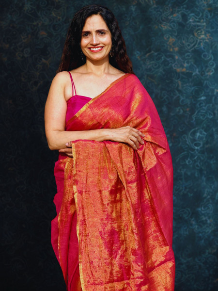 Aamodini : Red Linen Tissue Saree with Blouse Piece