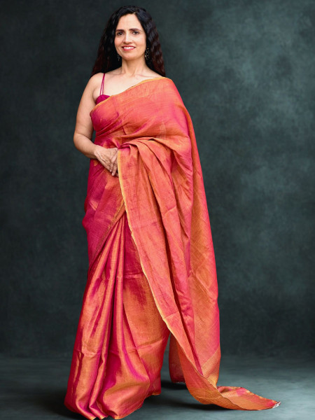 Aamodini : Red Linen Tissue Saree with Blouse Piece
