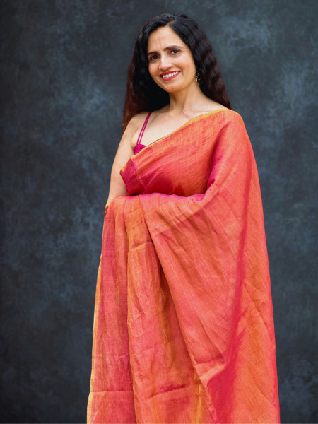 Aamodini : Red Linen Tissue Saree with Blouse Piece