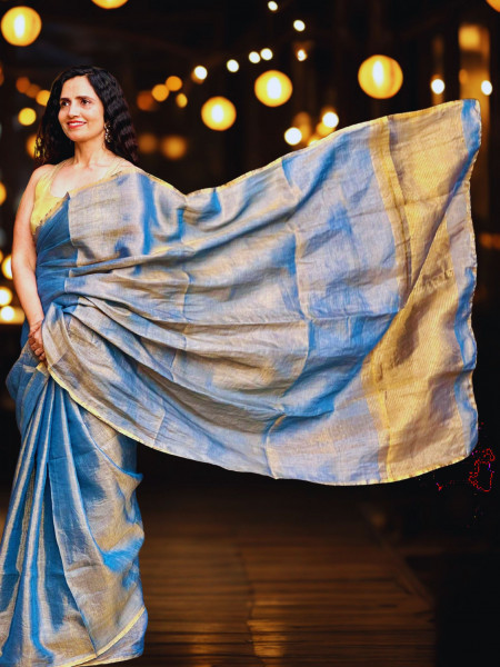 Image of Vihank: Blue Linen Tissue Saree with Blouse Piece