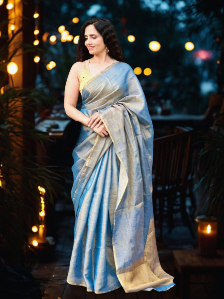 Vihank: Blue Linen Tissue Saree with Blouse Piece