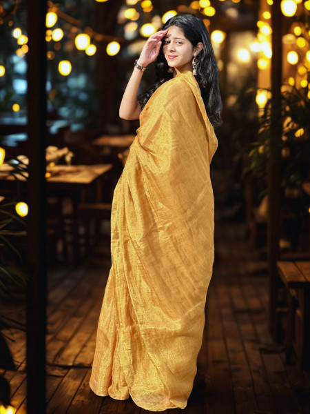 Image of Shasti: Golden Linen Tissue Saree with Blouse Piece