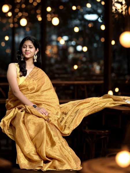 Shasti: Golden Linen Tissue Saree with Blouse Piece