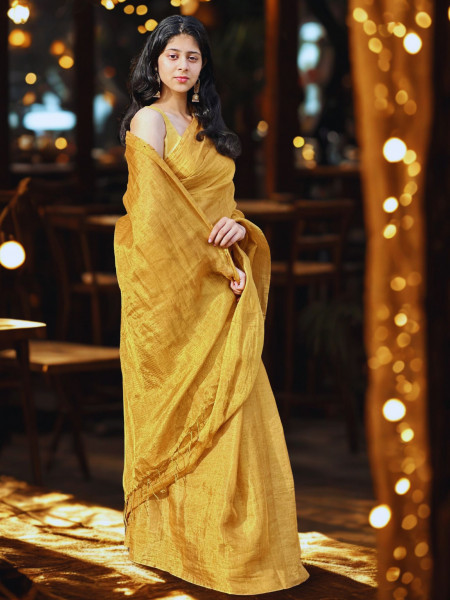 Shasti: Golden Linen Tissue Saree with Blouse Piece