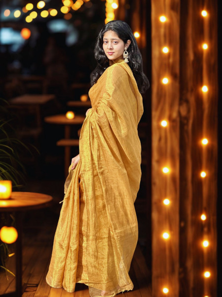 Shasti: Golden Linen Tissue Saree with Blouse Piece