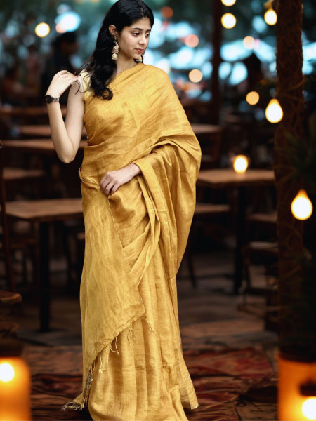 Shasti: Golden Linen Tissue Saree with Blouse Piece