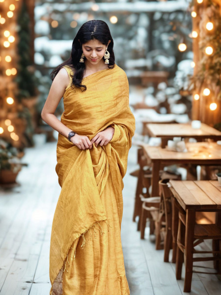 Shasti: Golden Linen Tissue Saree with Blouse Piece
