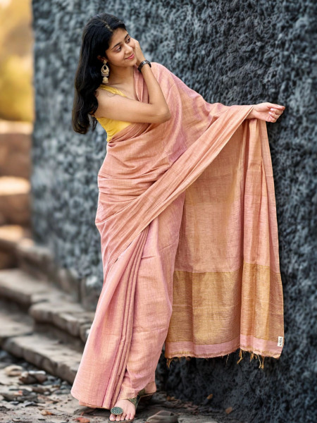 Image of Kavya: Pink Tissue Linen Saree with Blouse Piece