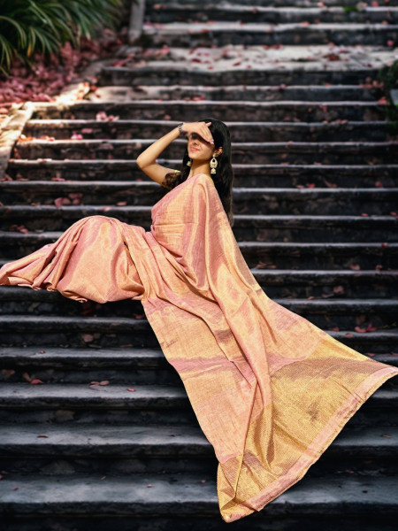 Kavya: Pink Tissue Linen Saree with Blouse Piece