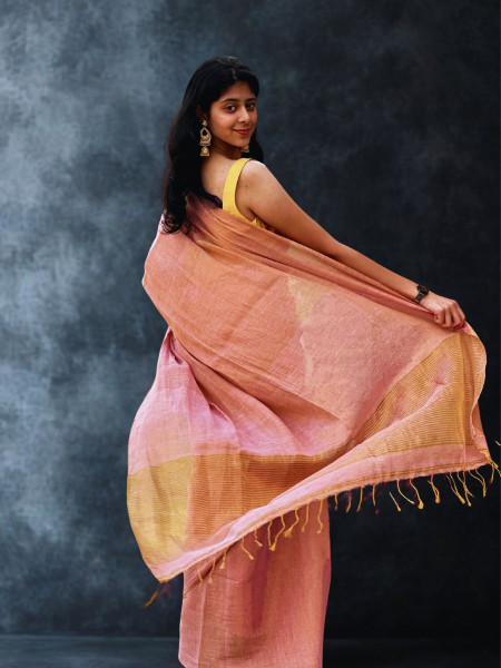 Kavya: Pink Tissue Linen Saree with Blouse Piece