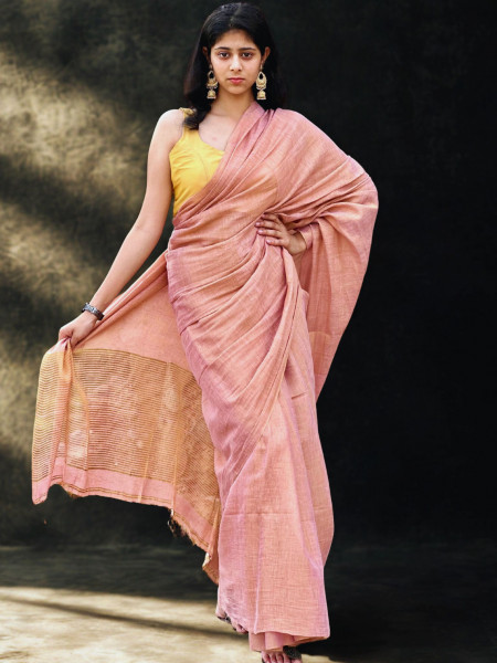 Kavya: Pink Tissue Linen Saree with Blouse Piece
