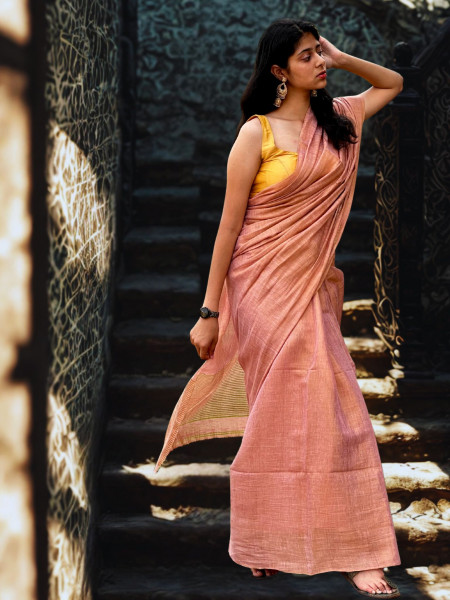 Kavya: Pink Tissue Linen Saree with Blouse Piece
