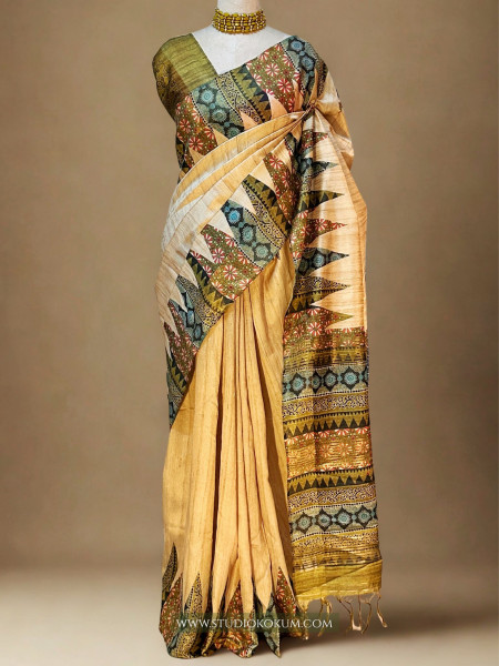 Image of Dhriti : Beige color tussar silk saree with Kalamkari Border (With Blouse)
