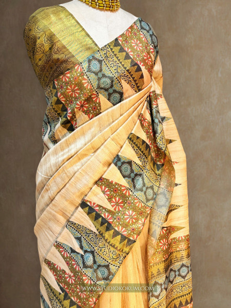 Dhriti : Beige color tussar silk saree with Kalamkari Border (With Blouse)