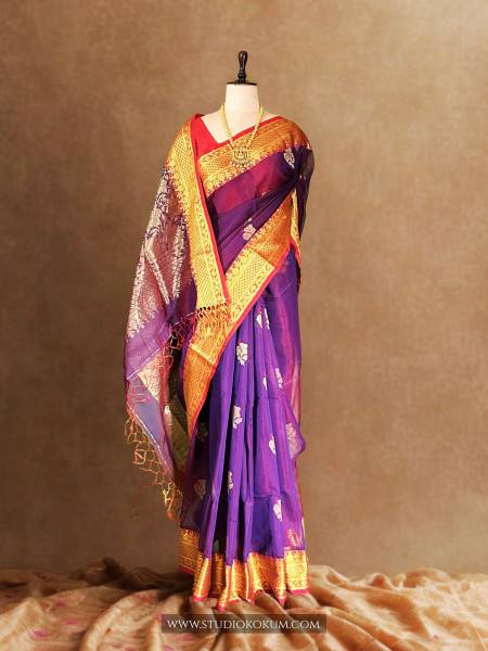 Hansika: Handloom Maslin Cotton  Banarasi Saree in Purple