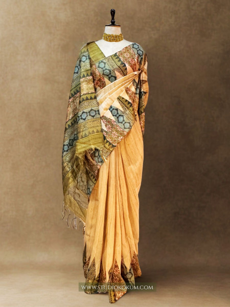 Dhriti : Beige color tussar silk saree with Kalamkari Border (With Blouse)