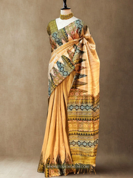 Dhriti : Beige color tussar silk saree with Kalamkari Border (With Blouse)