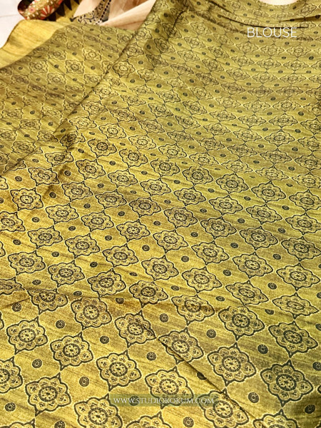 Dhriti : Beige color tussar silk saree with Kalamkari Border (With Blouse)