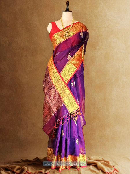 Hansika: Handloom Maslin Cotton  Banarasi Saree in Purple