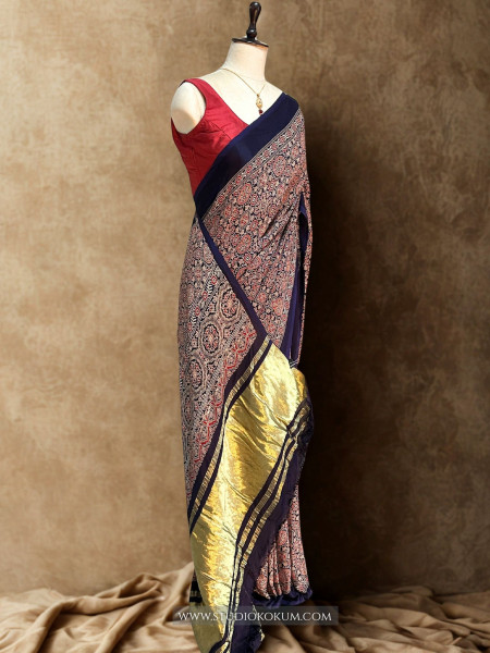 Saisha: Blue Modal Silk Hand blocked Ajrakh Zari Lagdi Patta Saree