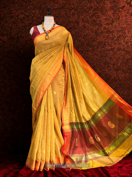 Aatika- Pure Cotton Saree in yellow with Exclusive Zari Border & Pallu