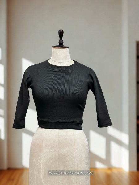 Image of Elbow Sleeves Stretchable Blouse in Black Colour