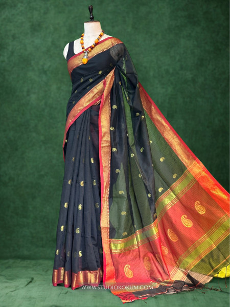 Image of Qirat - Pure Cotton Saree in Black with Exclusive Red Zari Border &amp; Pallu