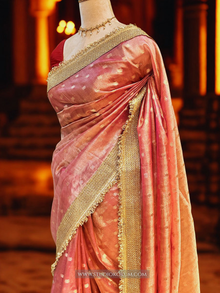 Image of Sitara: Pink Tssue Silk Saree with Gota Zari