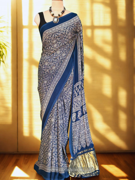 Falak: Cobalt Blue Modal Silk Hand blocked Ajrakh Zari Lagdi Patta Saree