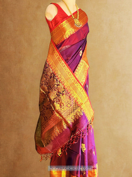 Hansika: Handloom Maslin Cotton  Banarasi Saree in Purple