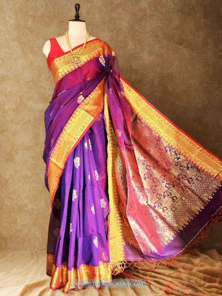 Hansika: Handloom Maslin Cotton  Banarasi Saree in Purple