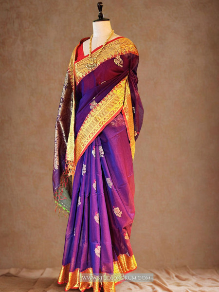 Hansika: Handloom Maslin Cotton  Banarasi Saree in Purple
