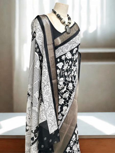 Padma : Black and White Figure Print Zari Border Soft Kanchi Pattu Silk Saree With Blouse