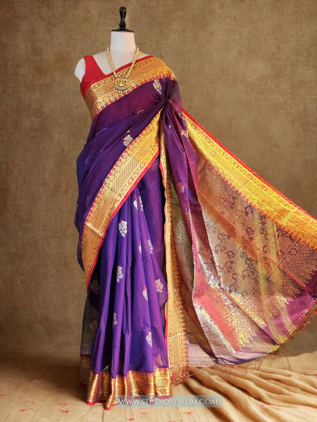 Image of Hansika: Handloom Maslin Cotton  Banarasi Saree in Purple