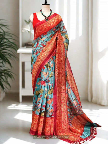 Image of Smṛiti : Kalamkari Printed Teal Colour Chanderi Saree with Blouse Piece