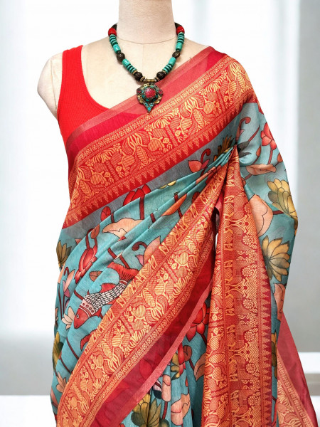 Smṛiti : Kalamkari Printed Teal Colour Chanderi Saree with Blouse Piece