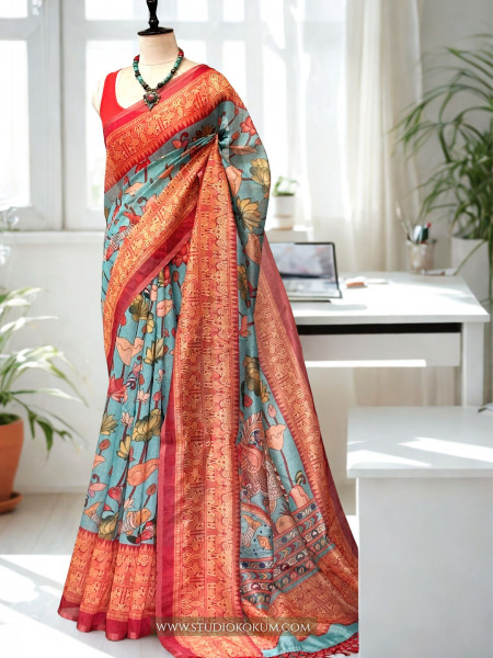 Smṛiti : Kalamkari Printed Teal Colour Chanderi Saree with Blouse Piece