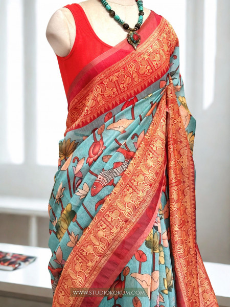 Smṛiti : Kalamkari Printed Teal Colour Chanderi Saree with Blouse Piece