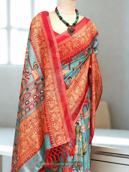 Smṛiti : Kalamkari Printed Teal Colour Chanderi Saree with Blouse Piece