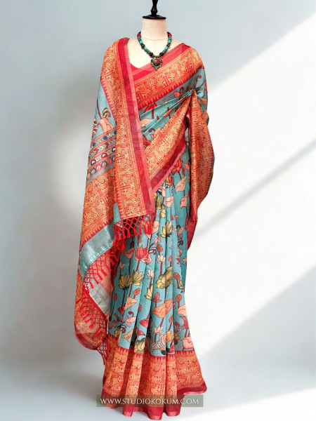Smṛiti : Kalamkari Printed Teal Colour Chanderi Saree with Blouse Piece