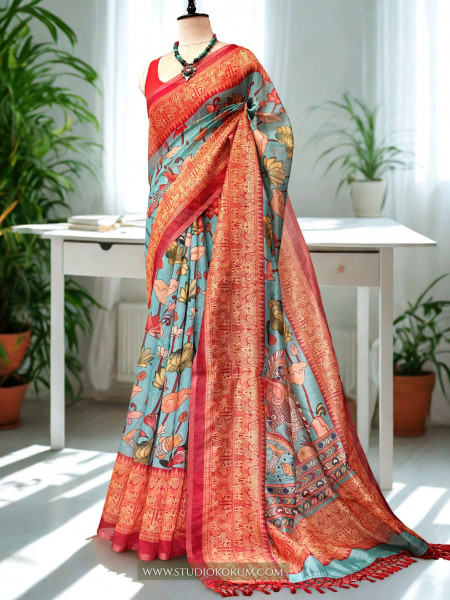 Smṛiti : Kalamkari Printed Teal Colour Chanderi Saree with Blouse Piece